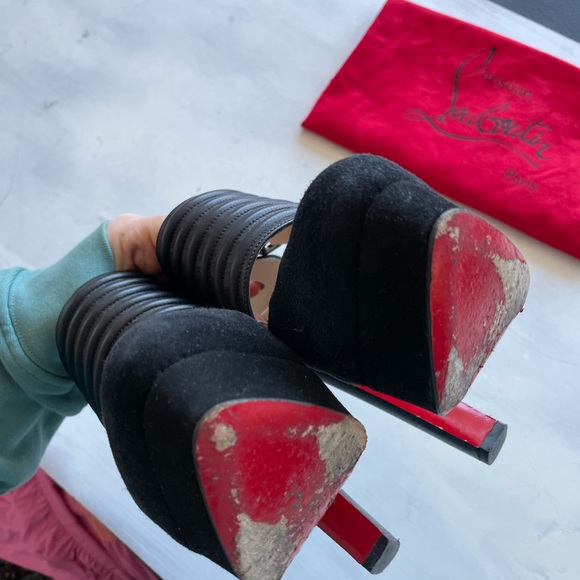 CHRISTIAN LOUBOUTIN Black Leather Suede Bye Bye Cutout Ankle Boots - Picture 11 of 11